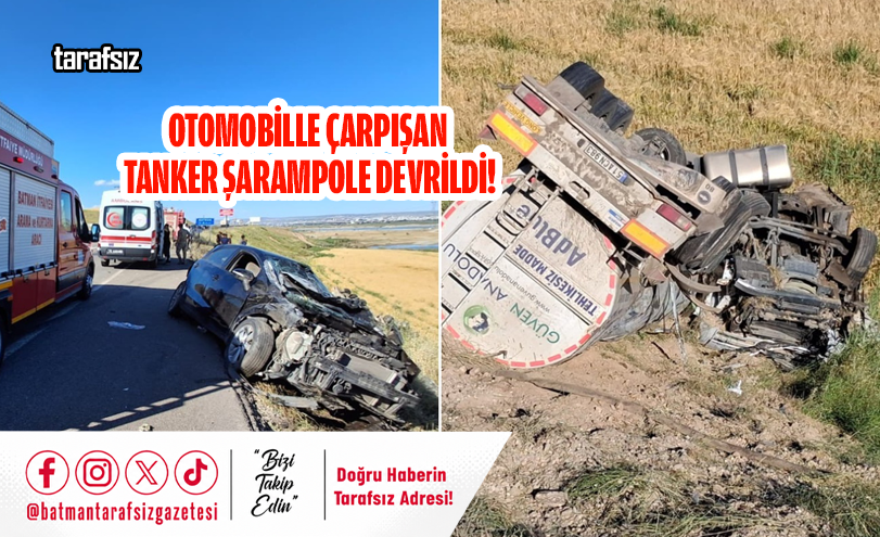 Otomobille Çarpışan Tanker Şarampole Devrildi!